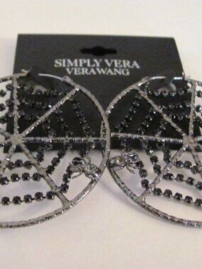 VERA WANG Goth Halloween Spider Web Gunmetal Jet Black Crystal Earrings**NEW!